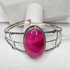 Tibetan Silver Plated Cuff Bracelet Pink color Agate Stone